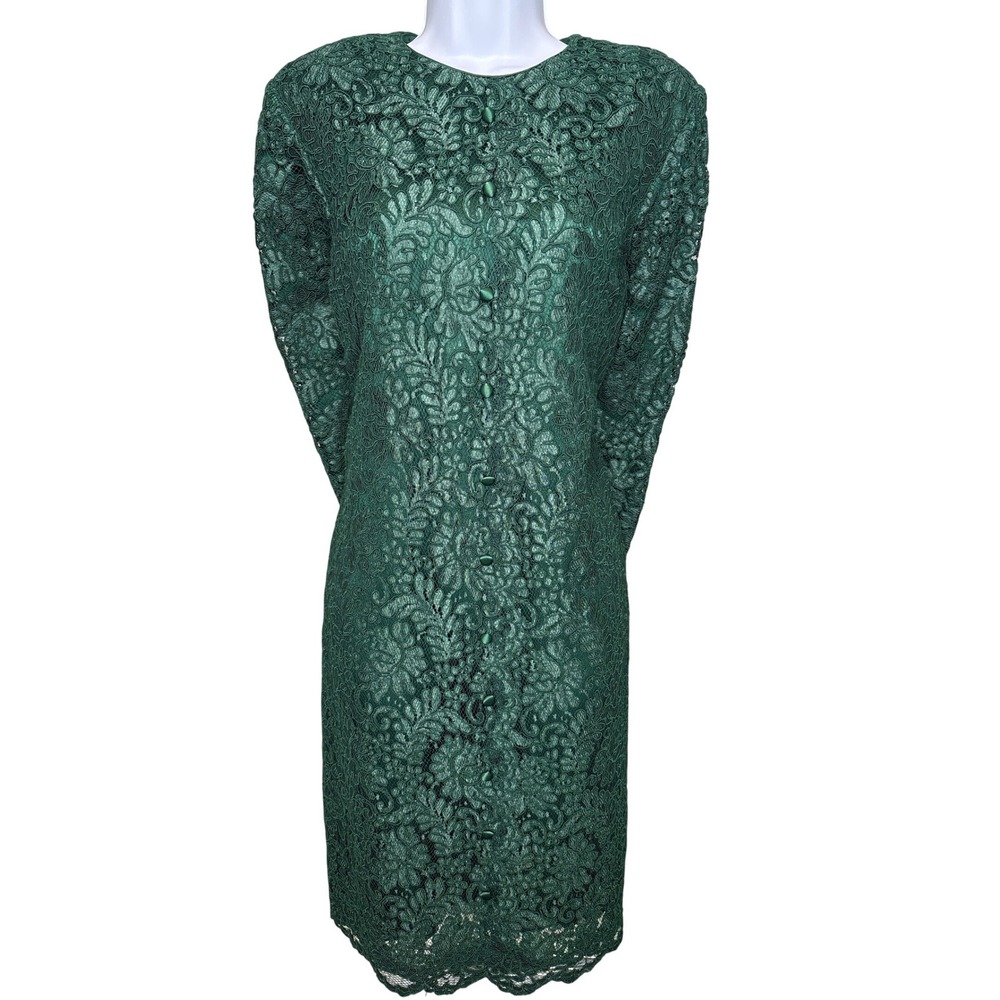 Vintage LIHLI Saks 5th Avenue Womens Green Silk Lined Floral Lace Dress Sz S